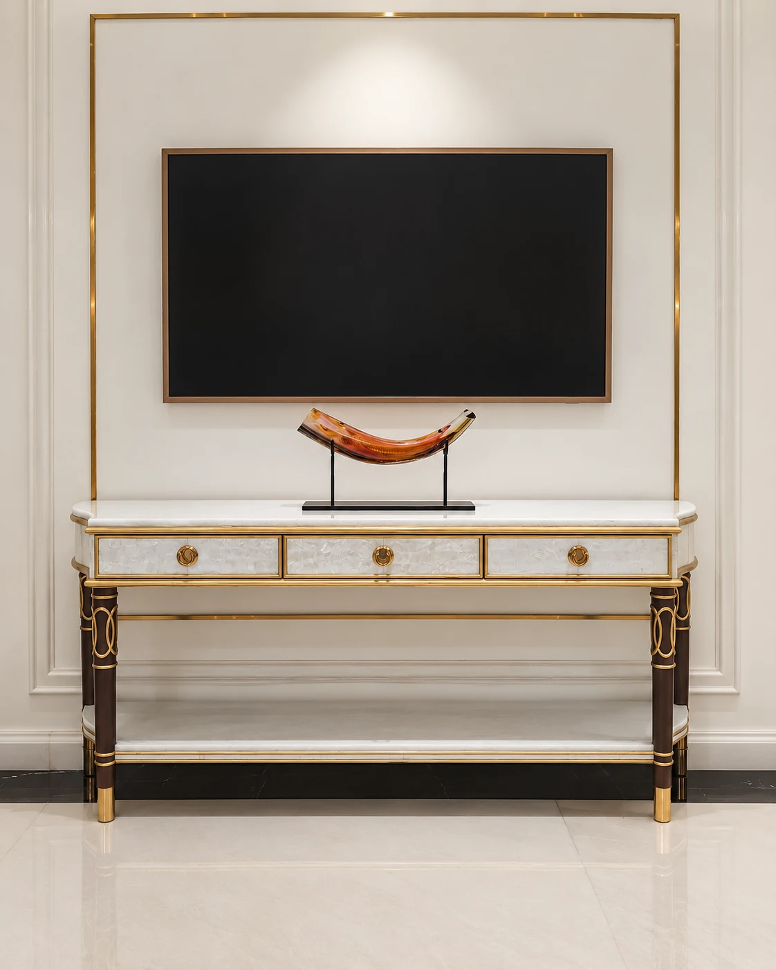 American walnut console with mother-of-pearl inlay and metallic gold detailing.