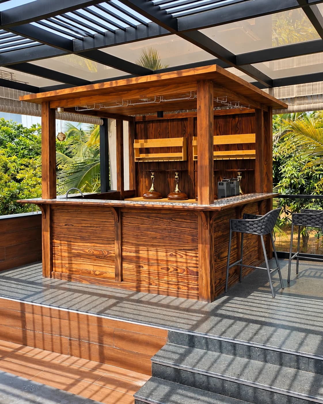 Completed modular solid-wood outdoor bar.
