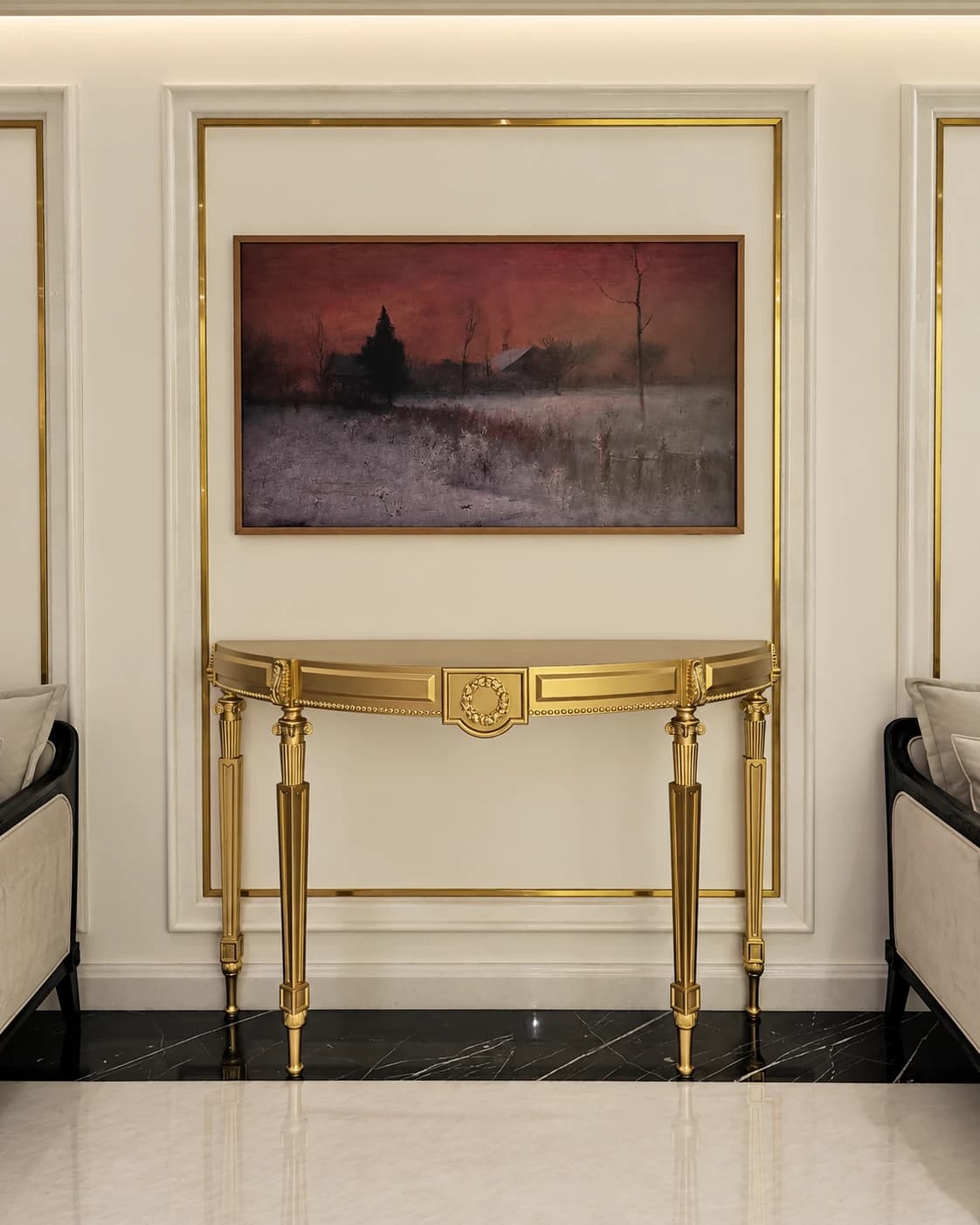Carved solid-wood console with metallic gold finish.