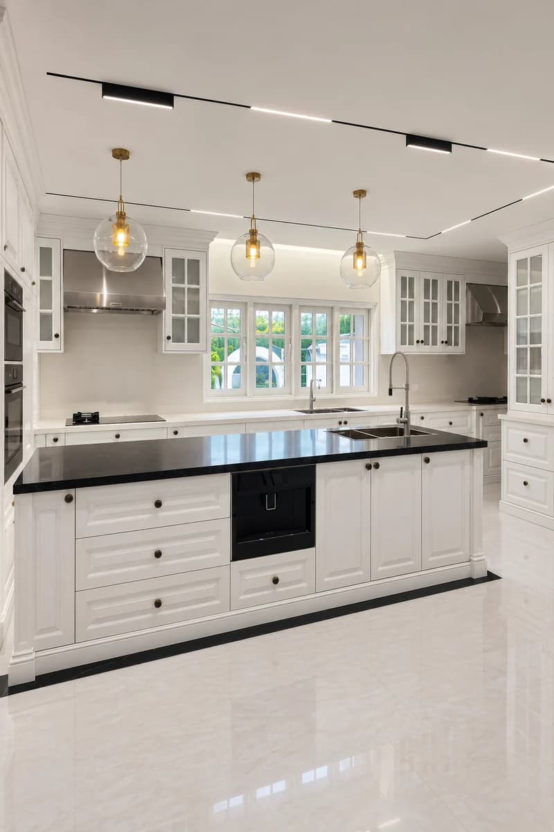 Completed American transitional ash kitchen with an island and fitted cabinetry.