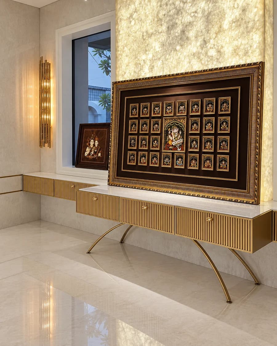Gold-finished fluted pooja cabinetry within the completed room.