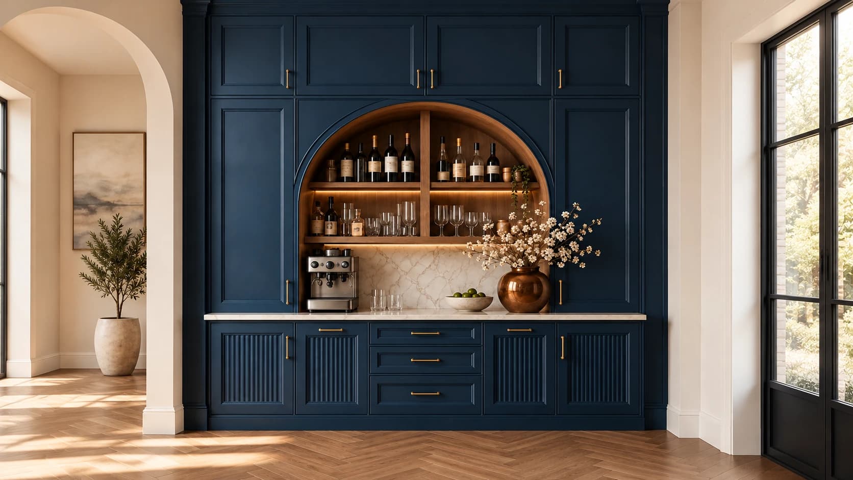 AI concept of navy cabinetry around a central arched display niche.